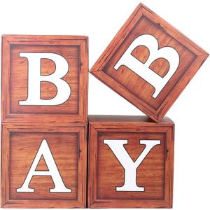 Baby balloon box,with 4 PCS wood grain balloon boxes with letters, used for baby shower, birthday party gender revealing decoration.