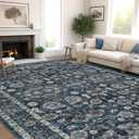 8x10 Vintage Washable Area Rug for Living Room,Low Pile Non Slip Carpet Non-Shedding Large Area Rug Soft Indoor Stain Resistant Rug Floral Print Mat for Bedroom Dining Room Blue