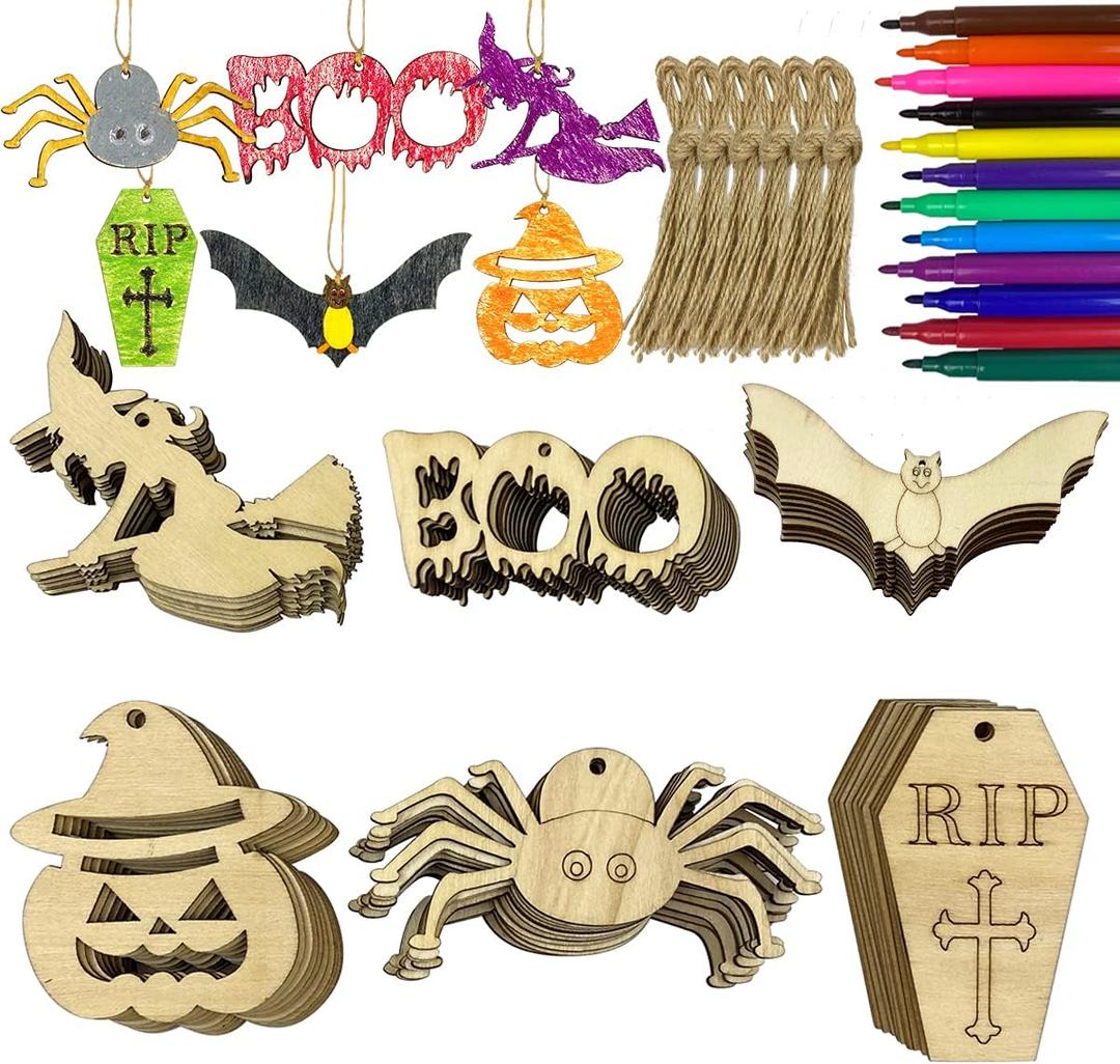 Anditoy 60 PCS Wooden Slices Hanging Ornaments Halloween Crafts for Kids DIY Decorations Indoor Party Supplies