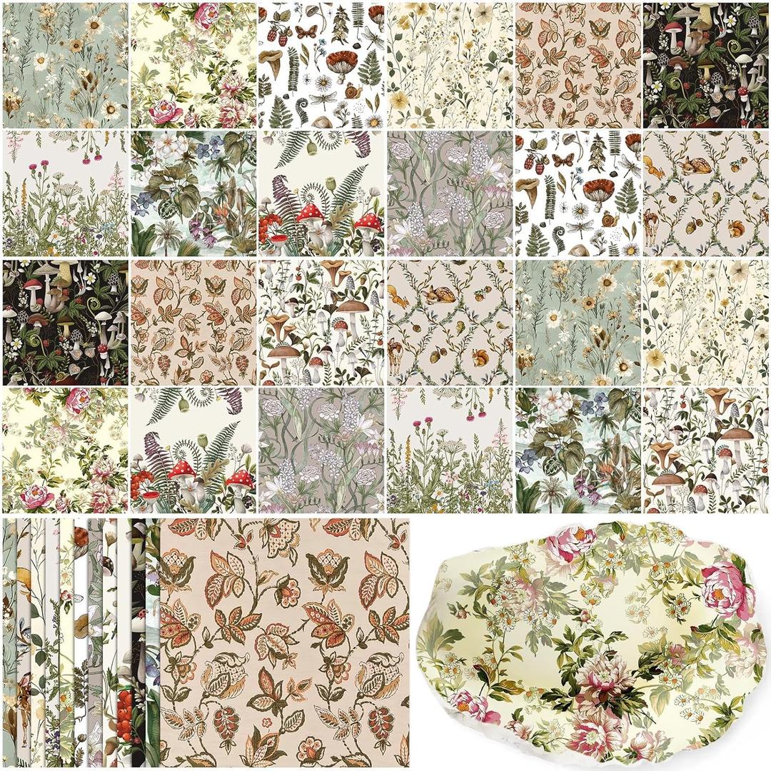 Tenceur 48 Pack 12 Styles Vintage Botanical Decoupage Paper Napkins Floral Mushroom Woodland Forest Fall Printed Tissue Paper Cocktail Napkins for Crafts Furniture DIY Art Projects Collage Home Decor