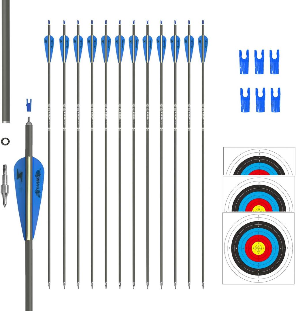 31inch Carbon Arrow Archery Targeting Practice Hunting Arrows for Compound & Recurve Bow with Removable Tips(Pack of 12) (Blue White)