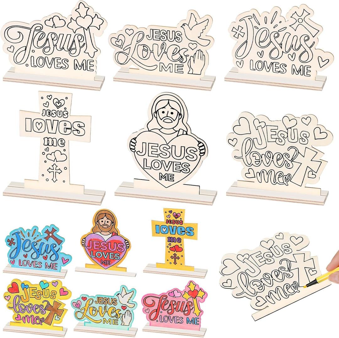 Kosiz 24 Pcs Color Your Own Christian Wooden Crafts DIY Religious Christmas Table Sign to Paint Sunday School Crafts Gifts Jesus Loves Me Table Decor for School Classroom Art Party Home Activities