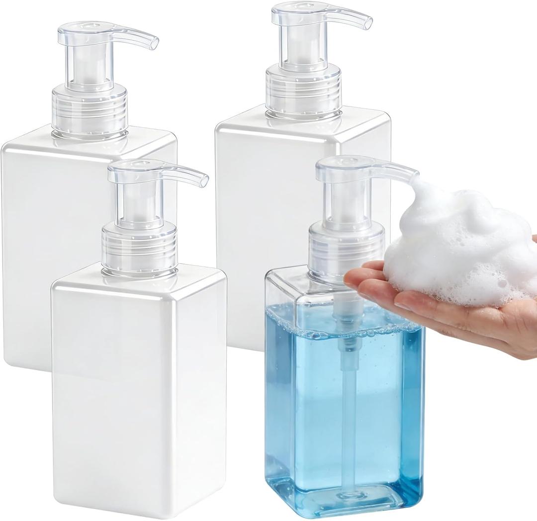 Foaming Soap Dispenser 15oz/450ml Clear Empty Foam Soap Dispensers, Square Refillable Plastic Foaming Hand Soap Dispenser Soap Pump for Liquid Soap, Shampoo, Body Wash(4 Pack)