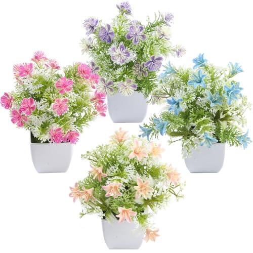 Meinature Mini Artificial Faux Plants 4 Packs, Small Fake Plants with Flowers, Black Potted Greenery for Bathroom Office Home Conference Table & Indoor Desk Decor Farmhouse Kitchen Library Restaurant
