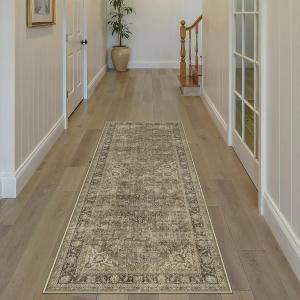 2x6 Washable Runner Rug Brown Vintage Non Slip Soft Low Pile Hallway Kitchen Rug Distressed Oriental Carpet for Laundry Bathroom Bedroom Living Room Home Decor