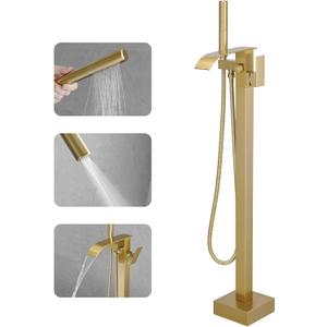 RUMOSE Tub Filler Freestanding Bathtub Faucet Brushed Gold Floor Mount Tub Faucet Waterfall Bathtub Filler with CUPC Certified High Flow Brass Bath Shower Faucets with Handheld Sprayer