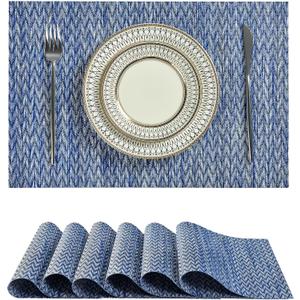 Leetaltree Blue Placemats Set of 6- Heat Resistant Non-Slip Place mats for Dining Table, Washable Durable PVC Vinyl Woven Table Mats（Blue Zigzag, 6）