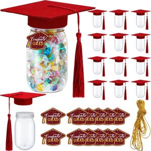 12 Pcs Clear Plastic Graduation Jar with Lids Plastic Mini Canning Jars with 12 Felt Mini Graduation Hat and Cards and 6 Ropes Storage Containers Grad Party Supplies(Red)