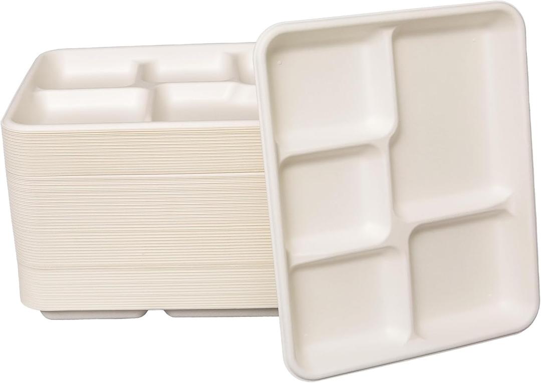 Small and Shallow 10.25 * 8.25inch 5 Compartment Plates 125pack, Disposable 5 Section eco friendly Sugarcane Divided Plates,School Lunch Tray And Disposable Plates With Compartment