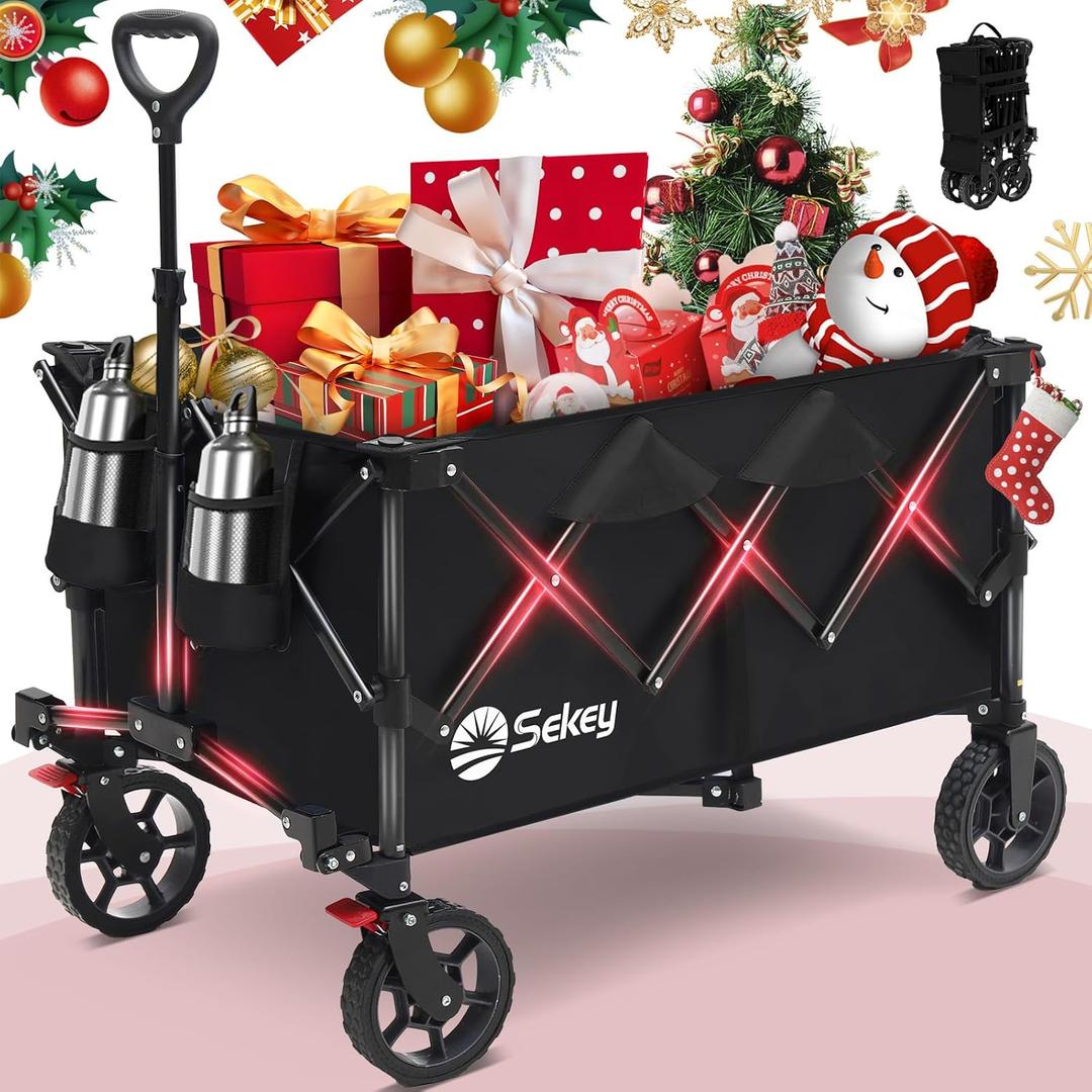 Sekey Collapsible Foldable Wagon with 330lbs Weight Capacity, Heavy Duty Folding Wagon Cart with Big All-Terrain Wheels & Drink Holders. Black (250L)