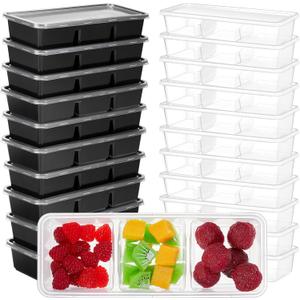 Hushee 25 Pack 17 oz Small Meal Prep Containers with 3 Compartments Snack Containers with Lid Disposable Plastic Bento Box Travel Lunch Food Boxes Stackable for Office Picnic (Black,Clear)