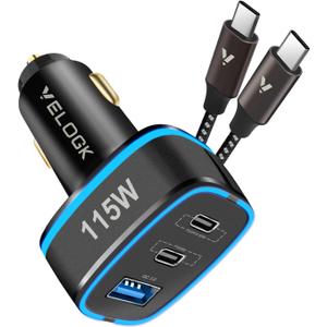 115W USB C Car Charger, VELOGK 3-Port [PPS&PD&QC3.0] 65W 45W 30W Super Fast Type C Car Charger Adapter for iPhone 15 Pro Max Samsung S24 S23 S22 Ultra Note 20, iPad, Macbook/Dell,with 100W USB C Cable