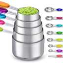 13-Piece Measuring Cups and Magnetic Spoons Set, 5 Stainless Steel Measuring Cups, 7 Double-Sided Magnetic Measuring Spoons & 1 Leveler for Cooking and Baking (5+7+1)