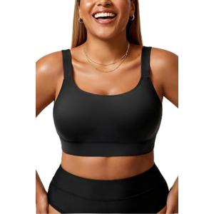 Daci Women Plus Size Sports Bra Bikini Top Only Push Up Scoop Neck Swim Top Full Coverage Bathing Suit for Large Bust (Black) 22 Plus