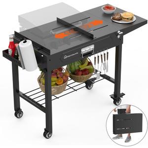 WARMOUNTS Foldable Grill Cart Outdoor with Wheels, Portable Outdoor Grill Table with Storage, Movable Stand Fits 17''/22'' Tabletop Grill, 400 Lbs Weight, for Camping, BBQ