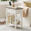 ChooChoo Farmhouse End Table with Charging Station, Accent Small Side Table Nightstand for Living Room, Bedroom, and Small Spaces, Soft White, 1 Pack