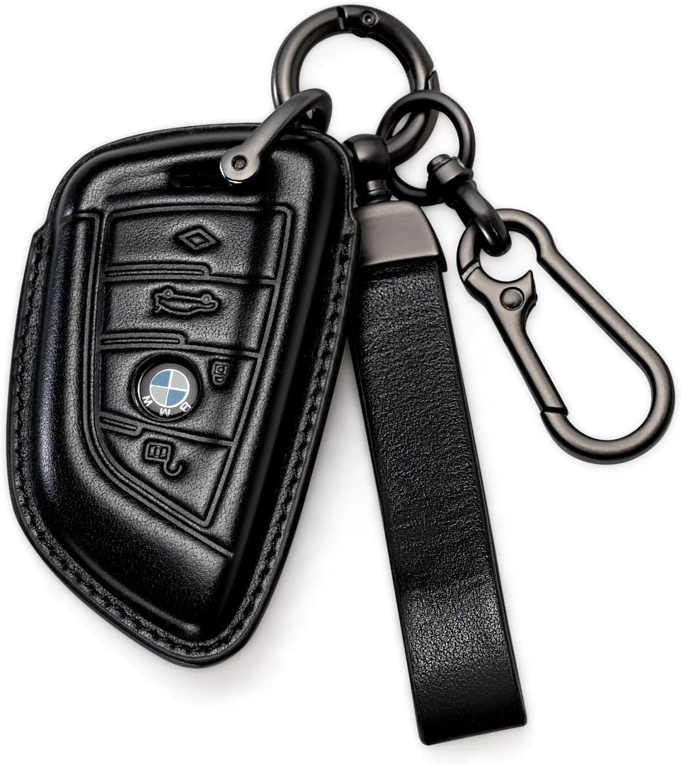BMW Key Fob Cover Leather Case Lanyard Keychain Holder Key Fob Protector 230i 330i 430i 440i 530e 530i 540i 740i 745e 750i M2 M235i M240i M3 M340i M4 X1 X2 X3 X4 X5 X6 X7 accessories (Black)