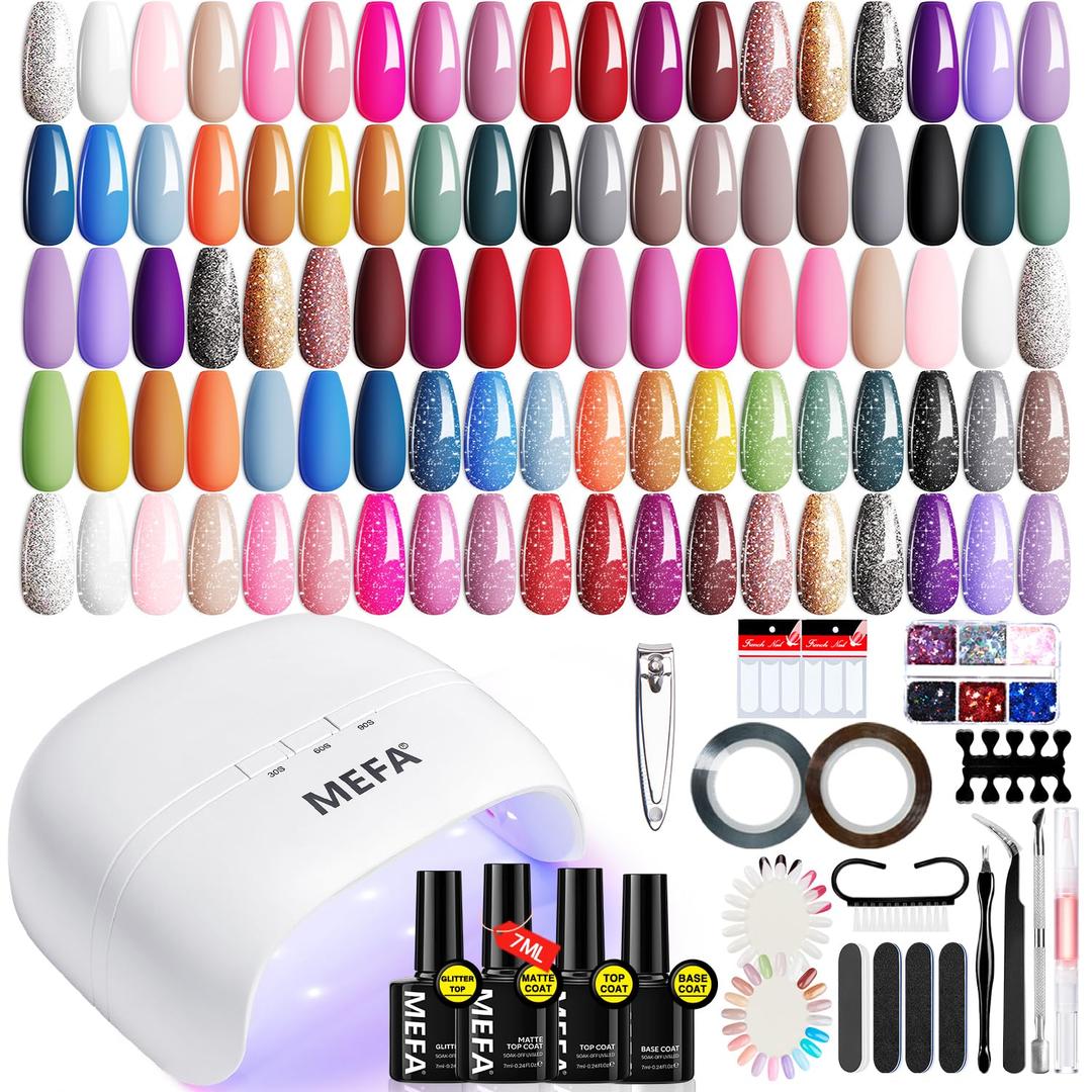 MEFA Gel Nail Polish Kit with U V Light, 32 Colors All Seasons Soak Off 60 Pcs Gel Polish Nail Set with Matte/Glossy Glitter Base Top Coat Manicure Tools Nails DIY Decorations Gifts for Women