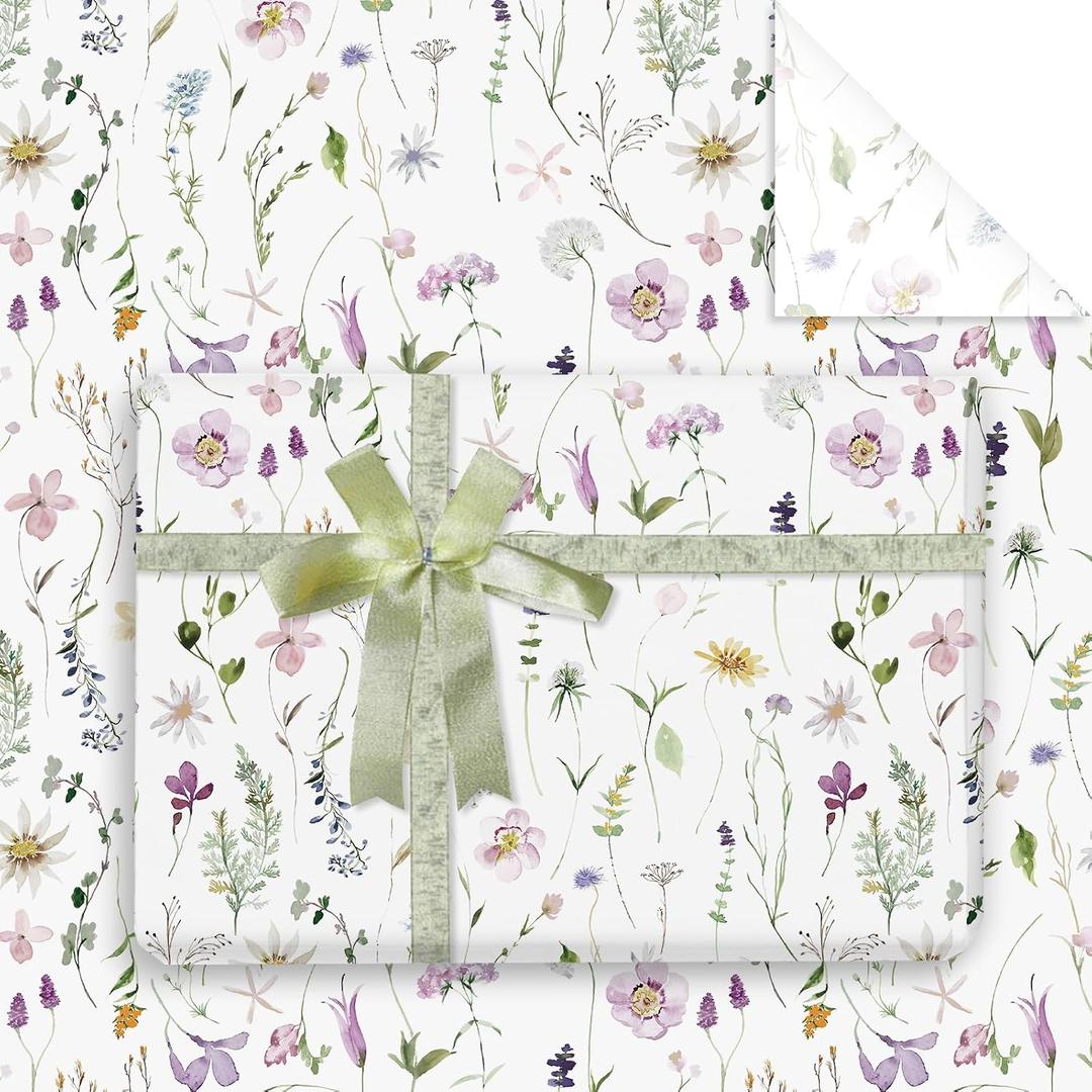 JarThenaAMCS 6 Sheet Wildflower Wrapping Paper -Not Roll- Watercolor Floral Flower Gift Wrap Paper Folded Flat Large Art Papers for DIY Crafts Gift Wrapping, 27.6 x 39.4 Inch