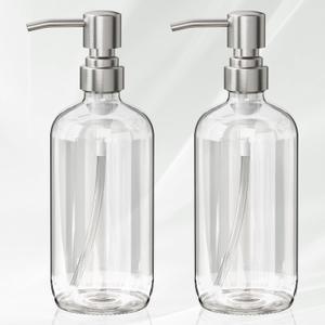 AmazerBath Soap Dispenser, 2 Pack Glass Soap Dispenser with Pump Stainless Steel, 17 Oz Hand Soap Bottles Bathroom Kitchen, Clear