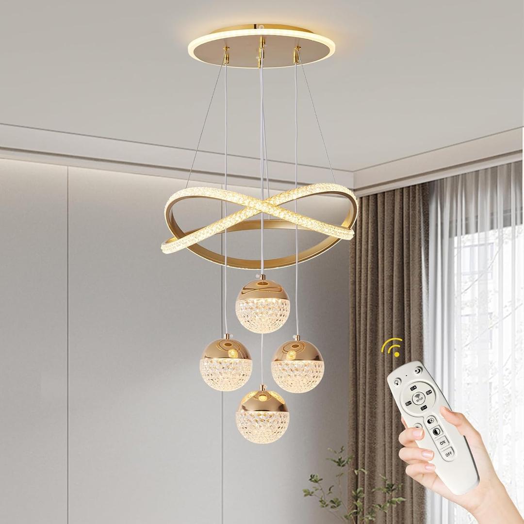 Modern Gold LED Chandeliers, LED Pendant Light Dining Room Light Fixtures Over Table Dimmable with Remote Control Adjustable Modern Chandeliers for Dining Room Kitchen Island Living Room Bedroom (Golden,Dimmable)