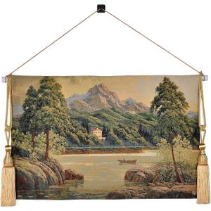 Vintage Nature Tapestry Wall Hanging Set with Telescopic Rod & Tassels - Jacquard Woven Fabric Aesthetic Country Landscape Wall Tapestry for Bedroom/Living Room Decor Green Art (42"x27") (Earthy - greens, lake scene with boat and hills)