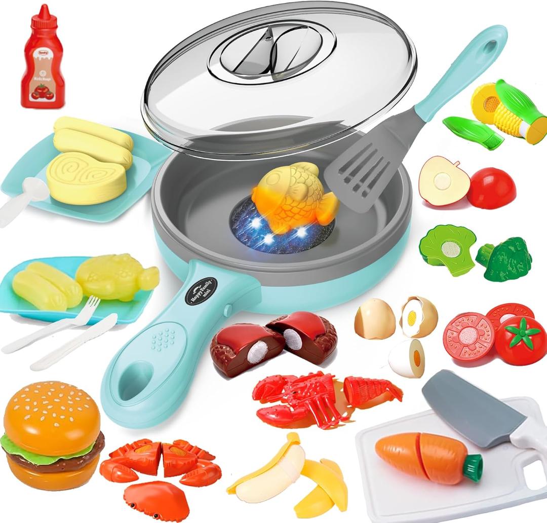 Kids Play Kitchen Accessories with Light & Sound, Play Food Set for Kids Kitchen, Pretend Food Play Toys with Pots & Pans,Kitchen Toys with 11pcs Cutting Toy Food, Gifts for 3 4 5 Years Old Girls Boys