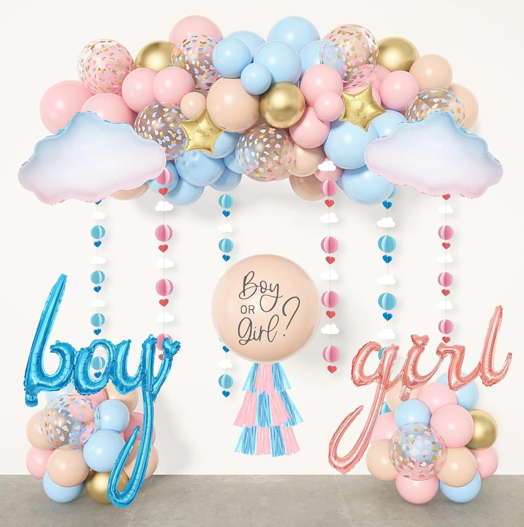 Ouddy Party Gender Reveal Decorations, Pastel Pink and Blue Nude Confetti Balloons Arch Kit Star Hanging Cloud Garland Paper Tassels He or She Boy or Girl Gender Reveal Baby Shower Party Supplies