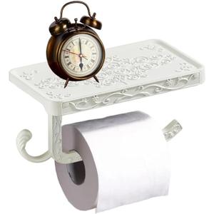 Antique Carving Toilet Paper HolderWall Mounted Single Roll Cell Phone Roll Holder Shelf for Bathroom Decor (White)