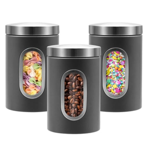 QYQRQF Canisters Sets for the Kitchen, 3pcs Sugar Flour Tea Coffee Storage Jars Stainless Steel Food Container Organizer for Kitchen Counter with Transparent Window (grey)