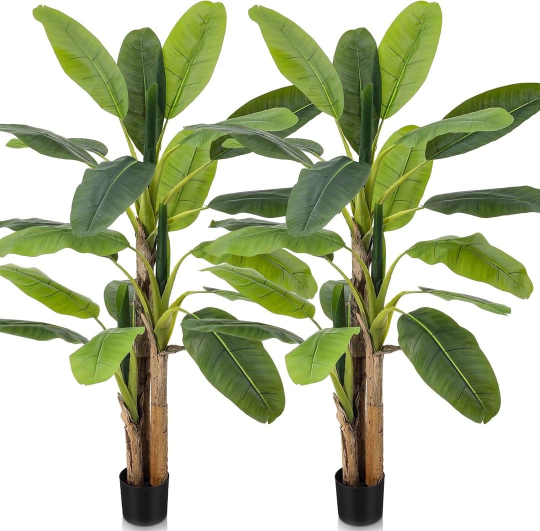 Jexine 2 Pack 6 ft Artificial Banana Tree with Pot Faux Banana Plants Tall Faux Floor Leaf Plant with 3 Trunks and 19 Large Leaves for Indoor Home Office Decor Housewarming Gift