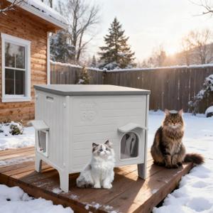 Weatherproof Insulated Outdoor Cat House for Feral Cat, Plastic Elevated Cat Shelter with Escape Door, Easy Assemble, Expansive Interior Grey 22.0" L x 21.0" W x 16.0" H