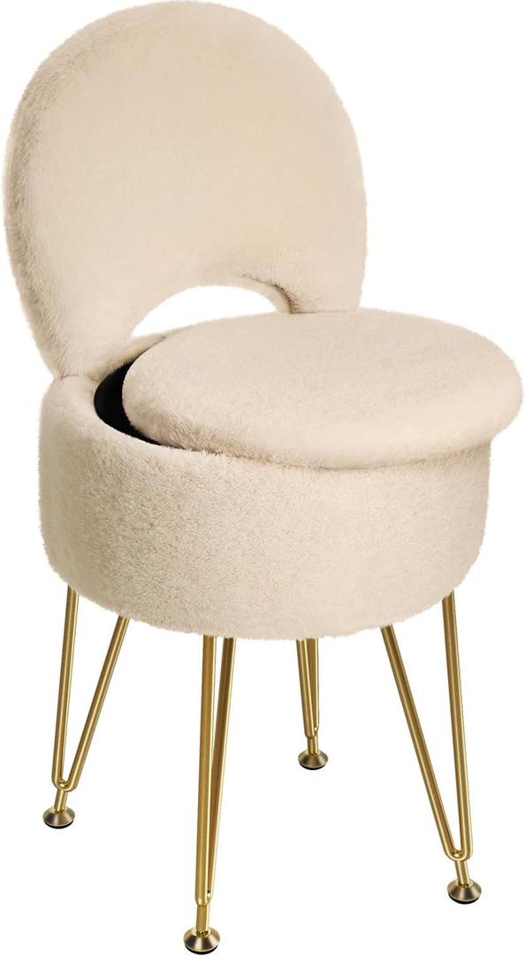 GREENSTELL Small Vanity Stool Chair with Storage and Folding Back, 13" x 13" x 17.7" Faux Fur Soft Ottoman for Teenager, 4 Metal Legs with Anti-Slip Feet, Furry Padded Seat for Makeup, Bedroom, Camel