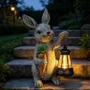 Garden Statues Rabbit Solar Lantern Outdoor Handmade Resin Statue Bunny with Cute Carrot for Patio, Yard, Mother's Day Gift Ideas