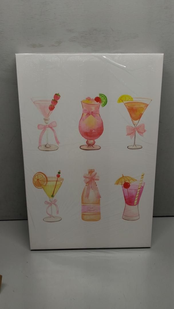 Trendy Pink Bows Wall Art Canvas, Preppy Cocktail Pictures, Pink Disco Bow Art Print, Set of 3 Coquette Room Aesthetic Poster, Funky Bar Cart Art, Dorm Apartment Girly Picture 24x36in Framed