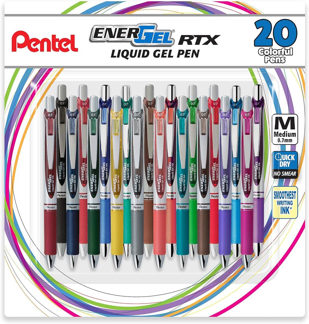 Pentel EnerGel RTX Retractable Liquid Gel Pen, (0.7mm), Medium Line, Metal Tip, Assorted Ink Colors, 20 Pack (BL77BP20M)