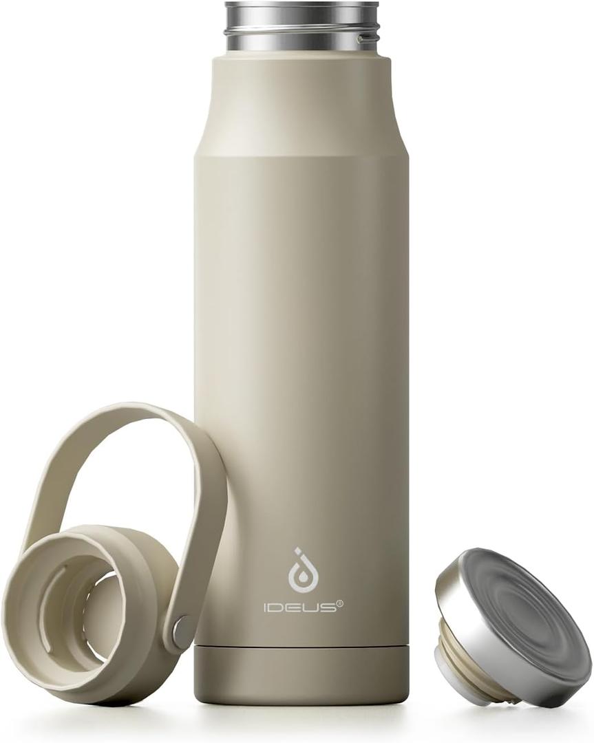 IDEUS Insulated Stainless Steel Water Bottle 17 oz Push Button Lid & Leakproof Travel Mug for Hot/Cold Beverages Fits Most Cup Holder (Celadon White)