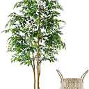 Artificial Ficus Tree, 7ft Silk Fake Ficus Leaves Plant with Basket, Indoor Outdoor Faux Green Tree for Home Garden Office House Livingroom Décor