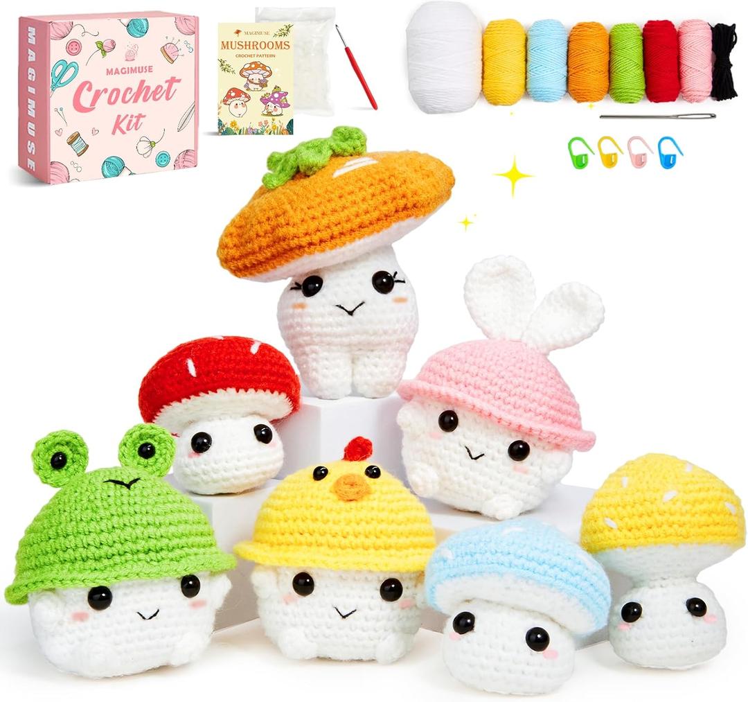 MAGIMUSE Crochet Kit for Beginners, Crochet Starter Kits for Adults Amigurumi Craft Knitting Crocheting Kits with Step-by-Step Video Tutorials, Mushroom Family(40%+ Yarn