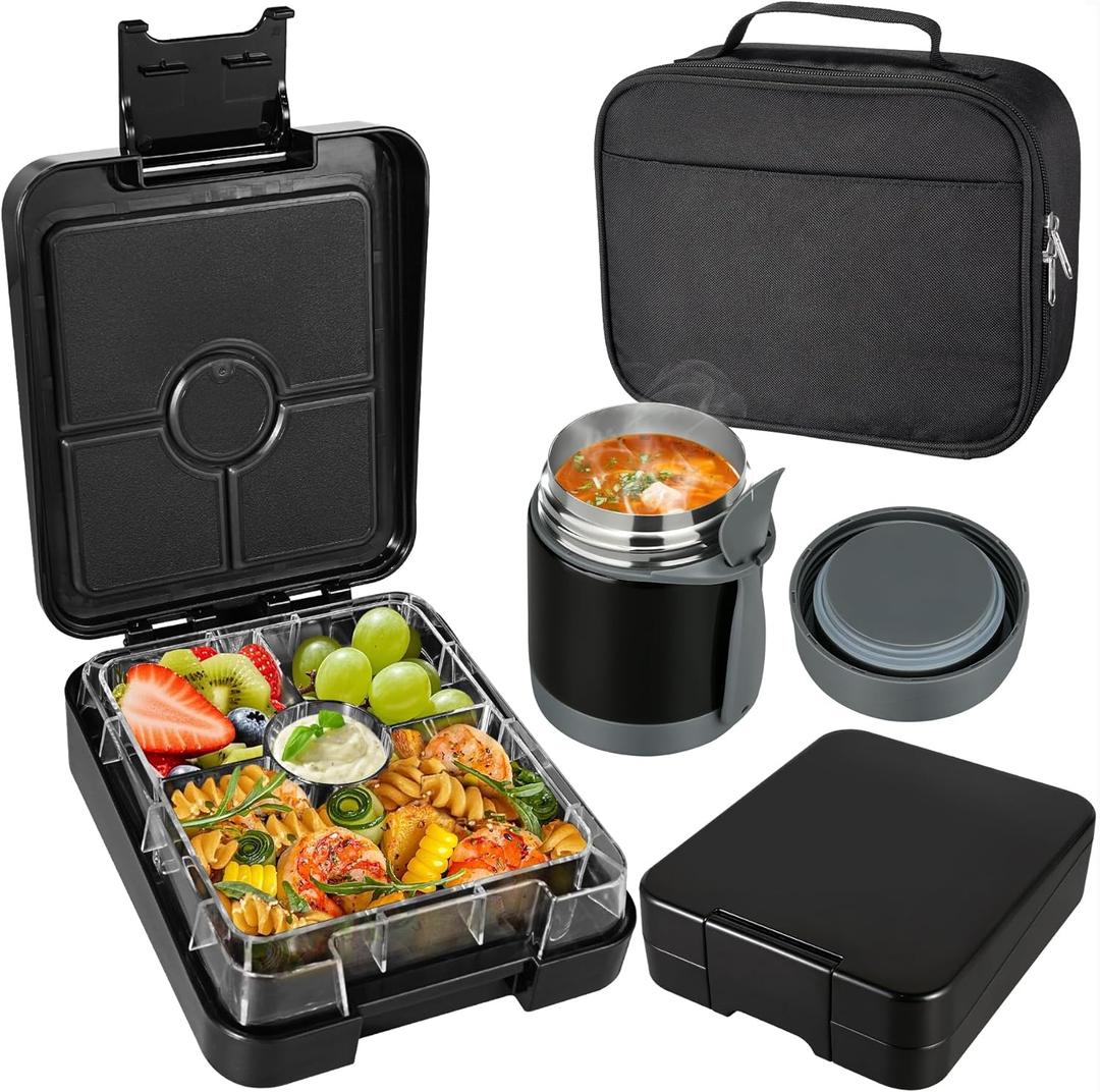 Pawtong Bento Lunch Box Set With 10oz Soup Thermo, Leakproof Lunch Containers with 4 Compartment, Kids Hot Thermo Food Jar/Insulation Lunch Bag, Food Containers for School (Black)