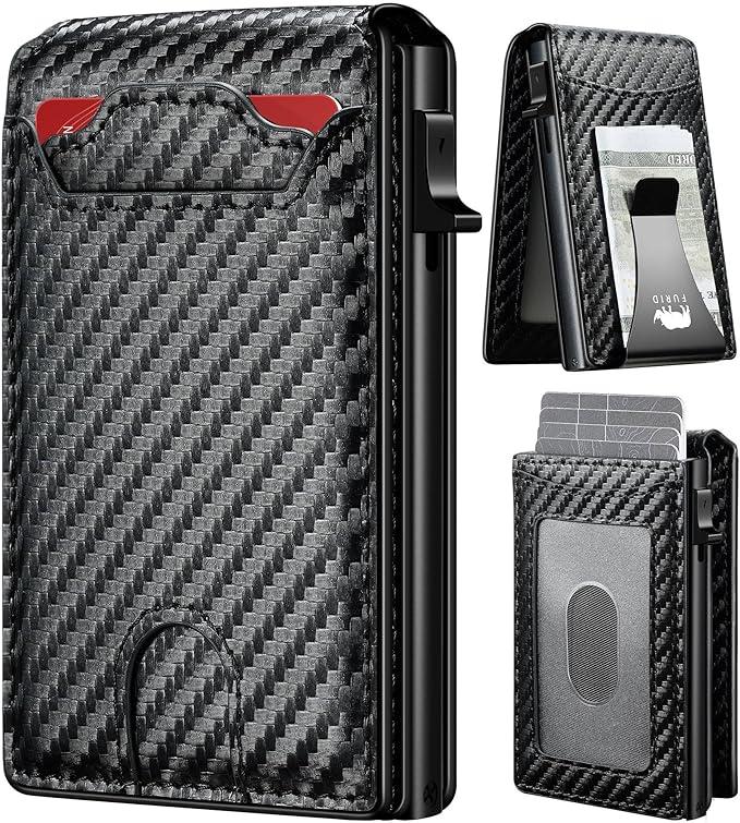furid Card Wallet For Men Slim: Smart Wallet - Rfid Minimalist Front Pocket with ID Window Pop Up Wallet with Money Clip Gift For Him (Black Carbon)