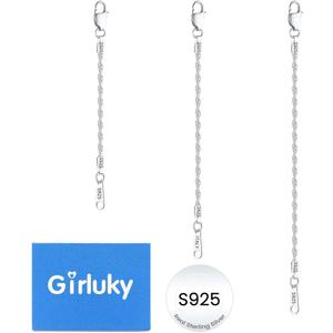 Girluky 925 Sterling Silver Necklace Extender for Women, 2.0mm Rope Chain Extenders for Necklaces, Jewelry Extenders for Necklaces Bracelets Anklets 3 Piece (2", 3", 4")