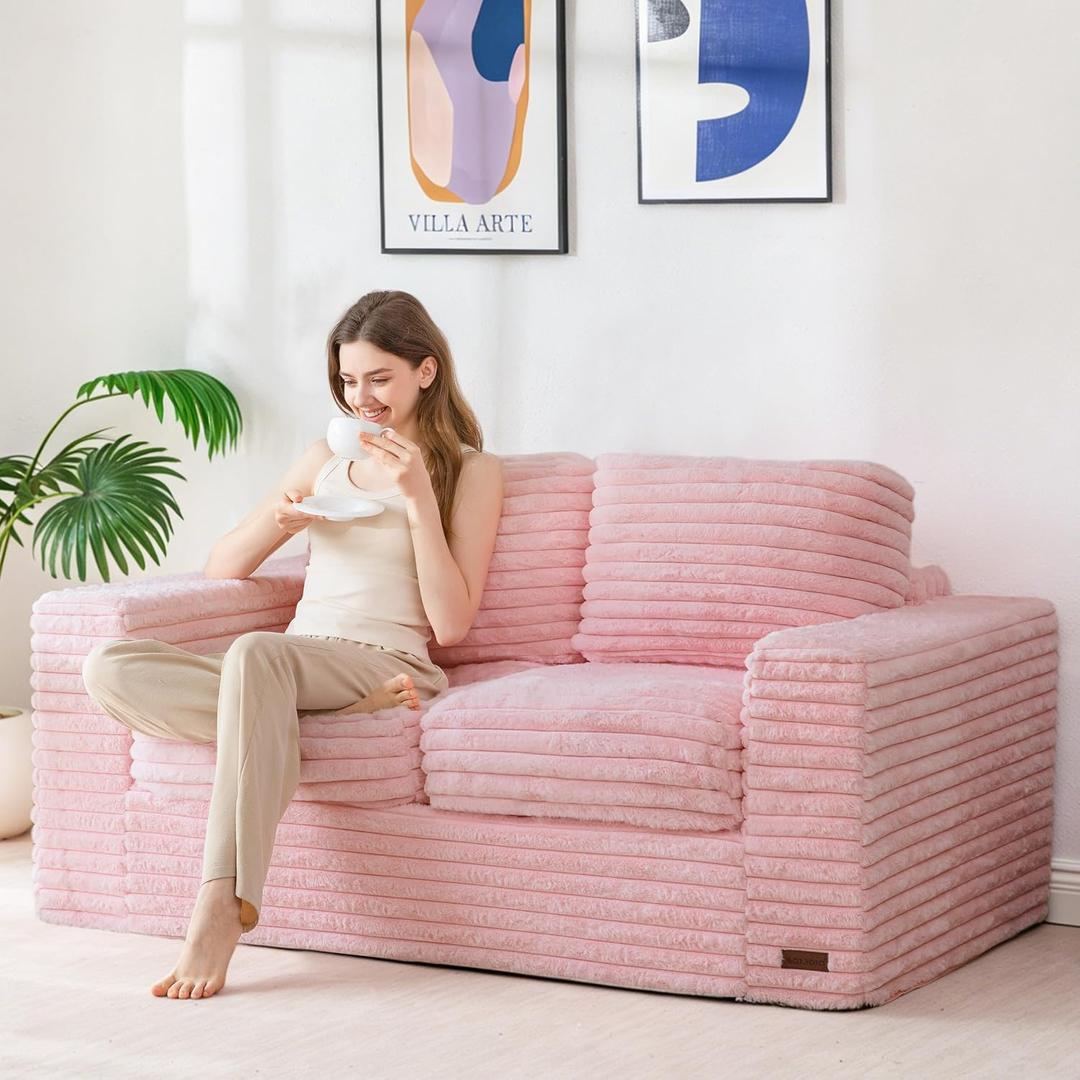MAXYOYO Bean Bag Chair, Boneless Couch with Armrests, Pillows & Foam | Plush Foam Filled Lounge Chair, Supportive Comfort for Relaxing, Reading or Gaming in Living Rooms and Bedrooms, Beige, Loveseat