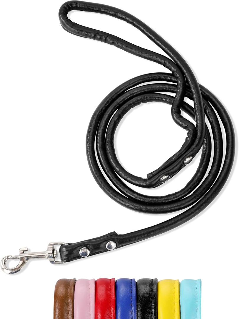 Black Soft Leather Dog Leash for Small,Medium Dog Walking, Comfortable Leather Handle, 4 ft Black