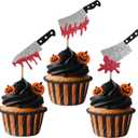 2 x GYGYL 24 PCS Halloween Cupcake Toppers, Glitter Horror Blood Knife Cupcake Picks, Have a Killer Birthday Cake Decorations for Halloween Blood Knife Theme Birthday Party SuppliesBlood Knife