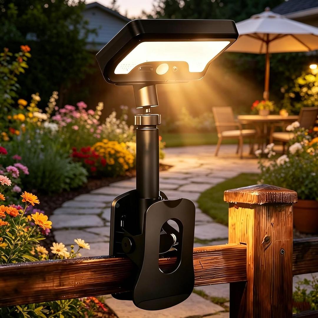 Clip On Solar Motion Sensor Light Outdoor, 600LM 3 Modes IP65 Waterproof, Adjustable Angle 1-Second Installation for Fence, Camping, Deck & Gutter(Black)