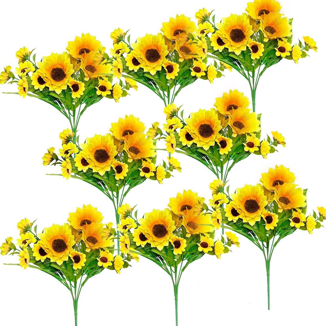 ZEYGLXC 8 Pack Artificial Sunflowers Bouquets with Stems for Wedding Bridal Shower Table Birthday Indoor Outdoor, Fake Faux Sunflowers Bulk with 4 Big Sunflowers Heads 9 Small Sunflowers Heads