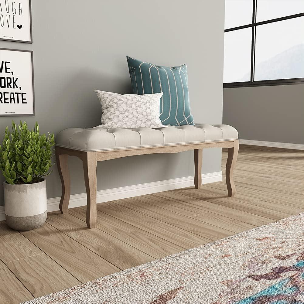 Crestlive Products Upholstered Tufted Bench, Wood Bed Ottoman Middle Century Modern Rectangular Footrest for Bedroom Entryway Channel (Beige) (43.3''x15''x18.9'')