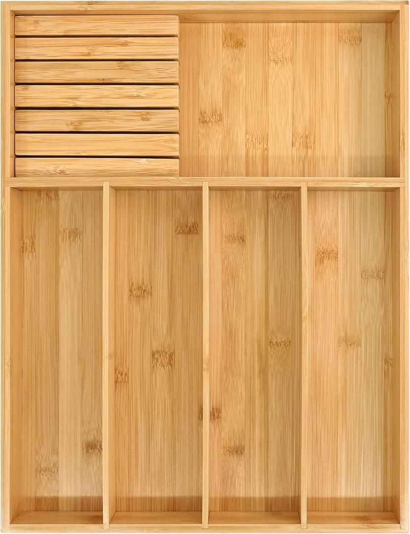VaeFae Bamboo Silverware Organizer, Utensil Holder for Drawer, Wooden Cutlery Tray with Divider for Kitchen Drawer, Utensil Organizer with Knife Block (Natural)