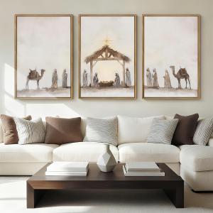 Anyzal Extra Large Jesus Framed Wall Art 24x36 Inch Easter Catholic Nativity Scene Canvas Artwork Christian Religious Birth of Jesus Painting for Living Room Bedroom Dining Room Set of 3